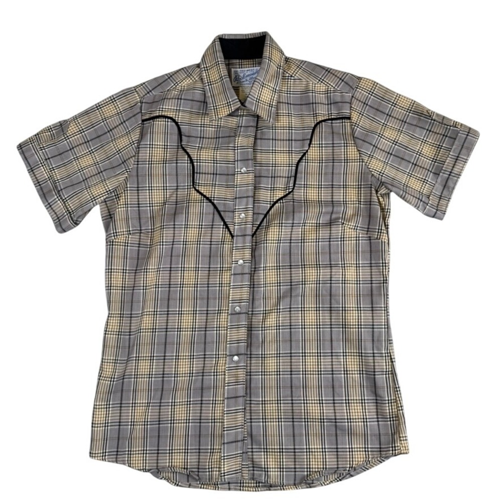 Rockmount Ranch Wear Western Shirt Mens 36 Grey Tan Plaid Snap Short Sleeve USA